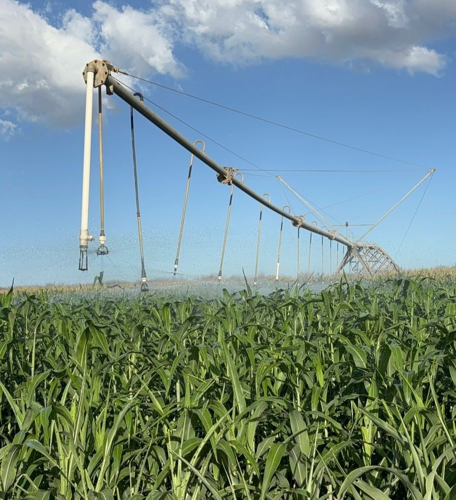 Sistema de irrigação por pivô central em campo verde — funcionalidade em breve